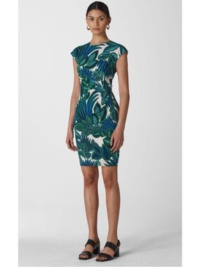 Whistles Tropical Palm Print Cap Sleeves Shift Silk Blend Dress Size US12